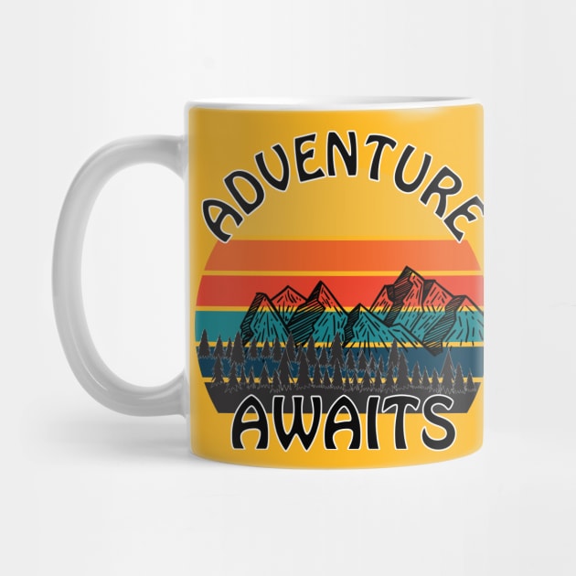 Adventure Awaits retro sunset camping Van Life by Surfer Dave Designs